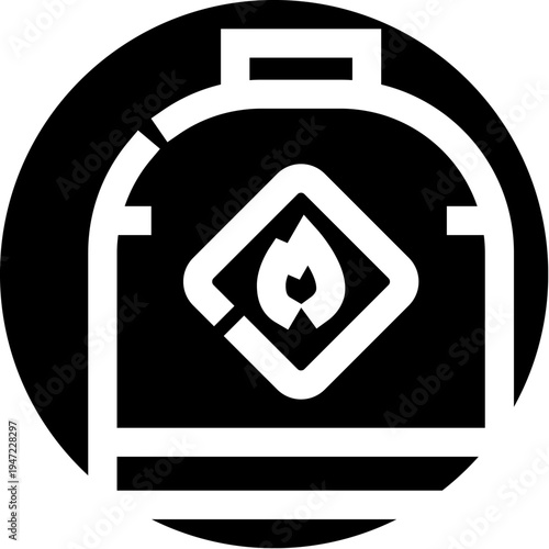 Gas cylinder illustration, featuring a prominent flammable liquid hazard symbol, indicating danger and safety precautions associated with combustible materials and compressed gas energy sources