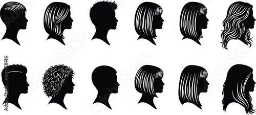 Silhouette illustration of twelve diverse head profiles with unique hairstyles arranged in two rows, showcasing variety of haircuts, textures, lengths, and fashion styles