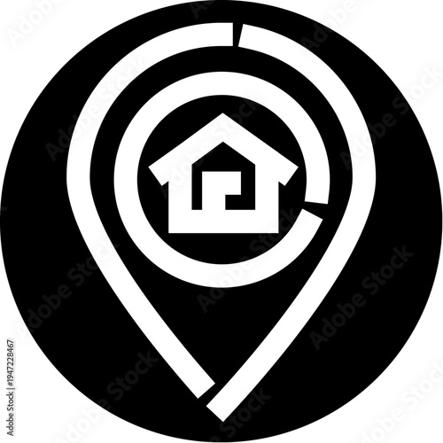 House icon standing inside a navigation pinpoint symbol, representing concepts of home location, residential address, property search, and real estate destination
