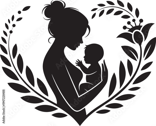 Mother holding baby silhouette, heart shape frame, love and family, maternal bond, floral wreath, tender moment, heartwarming art