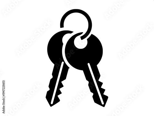 Minimal flat vector icon of two house keys attached to a round keyring, solid black silhouette, simple clean design, isolated on light grey background, high contrast, modern icon style.