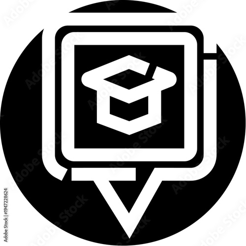 Graduation cap icon positioned within a contemporary speech bubble symbol, indicating educational programs, academic achievement, or study location, set against a solid circular background