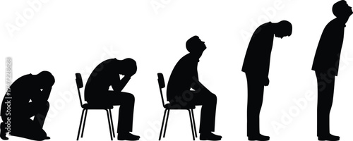 Silhouette illustration sequence of person transitioning from despair to confidence, symbolizing emotional recovery, personal growth, overcoming adversity, resilience, strength.