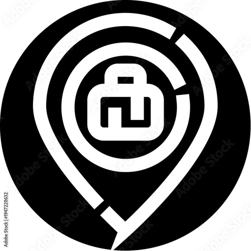 Stylized geometric location pin symbol, featuring concentric circles indicating a target or proximity, enclosed within a bold black circle on a white background