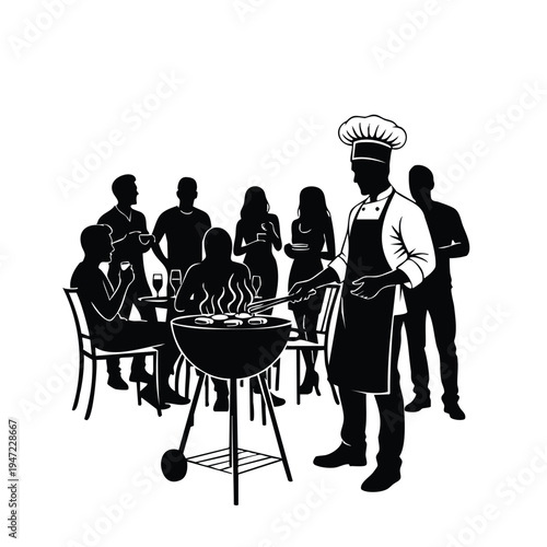 Chef grilling food at barbecue party silhouette gathering