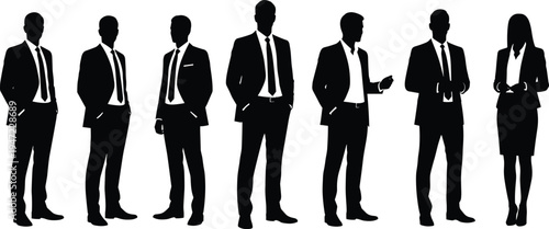 Silhouettes of business professionals in suits and formal attire, corporate teamwork concept representing diversity, collaboration, professional communication, and modern workplace environment