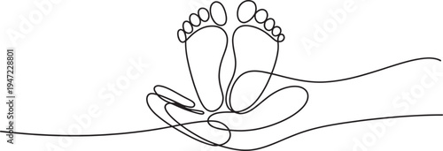 Continuous line drawing of hand holding baby feet, concept of parental love and care