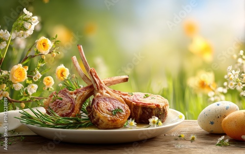 Grilled Lamb Chops with Easter Eggs and Spring Flowers on Table