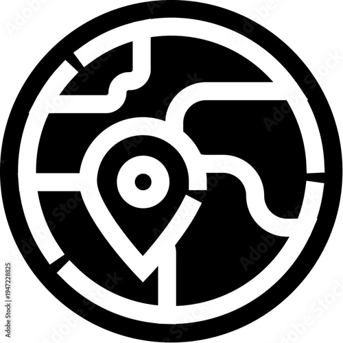 Circular map icon featuring interconnected routes and a central location pin, symbolizing navigation, journey planning, and finding exact destinations for digital interfaces and geographic services
