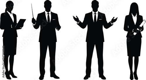 Silhouettes of diverse business professionals in formal attire presenting, discussing, and holding documents, symbolizing teamwork, leadership, corporate communication.