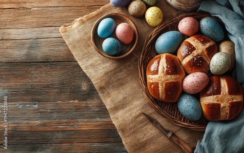 Traditional Hot Cross Buns and Speckled Easter Eggs on Rustic Table