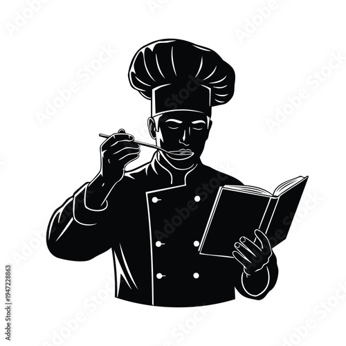 Chef silhouette tasting food while reading cookbook
