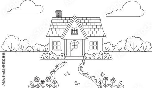 Cozy cottage house coloring page rural landscape garden with flowers clouds outdoor home architecture