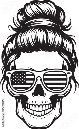 Messy bun skull with american flag sunglasses patriotic female rocker headwear vintage gothic design