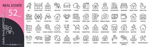 Real estate related icon collections. Containing house, rent, property, agent, building, home, location, sale, key, mortgage icons. Editable Stroke.