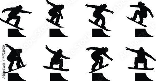 Skateboarder performing tricks silhouette set featuring skateboard athlete jumping and grinding on ramp, extreme sport action poses for skateboarding practice and competition.