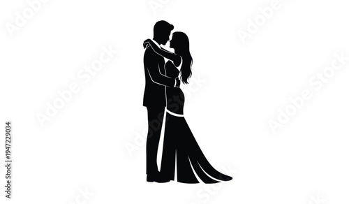 A black silhouette of a romantic bride and groom dancing together in a formal wedding celebration