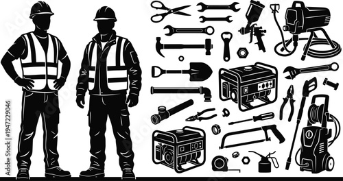 Silhouettes of construction workers in safety vests with industrial tools, power generators, wrenches, hammers, paint sprayers, and equipment for professional repair and building services