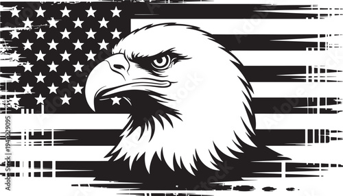Eagle head emblem on american flag background for patriotism and freedom symbol in grunge distressed style