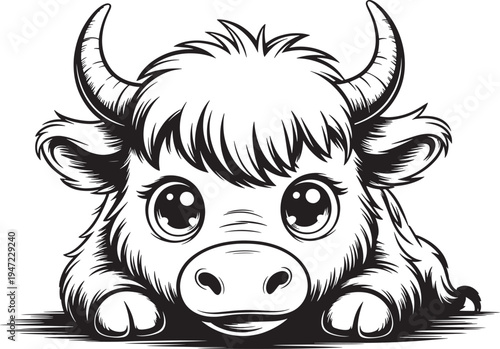 Cute cartoon baby yak head portrait adorable highland cattle vector illustration isolated