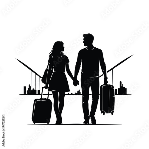 Couple traveling with luggage walking at airport silhouette vacation