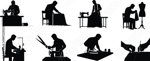 Tailor and sewing workshop silhouette set featuring fashion designer stitching fabric, cutting cloth, ironing garments and tailoring clothes in professional textile studio.