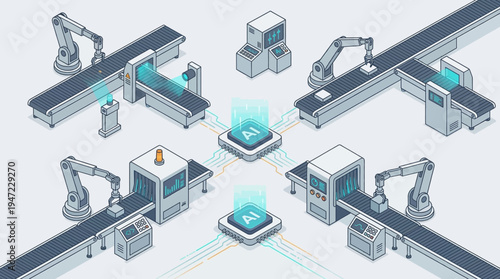 Industrial robots working on production line.