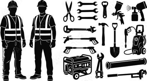 Silhouettes of construction workers in safety vests alongside industrial tools, power generators, wrenches, pressure washers, paint sprayers, and equipment for professional building services