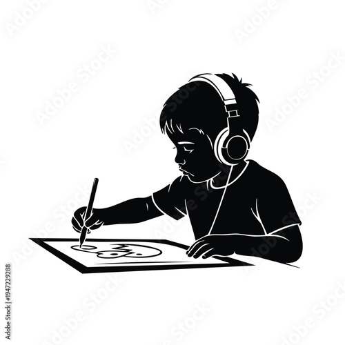 Creative boy silhouette using stylus and wearing modern headphones
