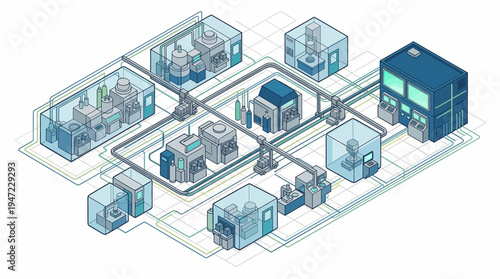 Isometric illustration of industrial factory layout.