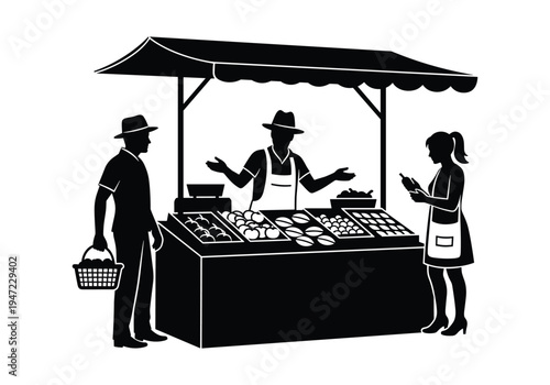 Vector illustration of market stall with vendor and customers