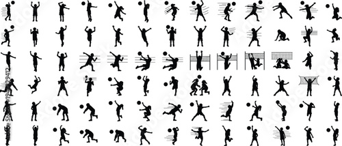 Volleyball player silhouette collection showing jumping, serving, blocking, spiking and diving actions, dynamic sports activity icon set for team competition, training