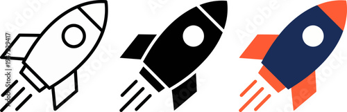 Rocket Launch Icon Set for Startup Growth, Innovation and Business Progress — Upward Project Development and Acceleration Symbols