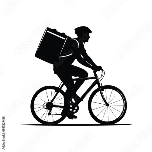 Delivery man riding bicycle with large package silhouette vector illustration
