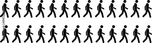 Walking stick figure icon sequence set showing step by step motion cycle, simple human walking symbols isolated on white background for animation and infographic