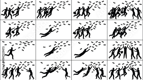 Set of 16 black vector icons depicting people running, jumping, and reaching for flying objects, symbolizing pursuit and achievement.
