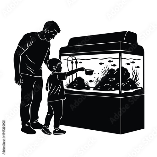 Father and son looking at fish inside large glass tank silhouette art