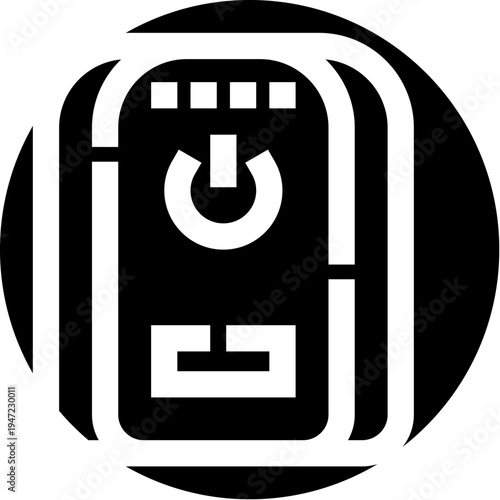 Electronic power supply unit icon with power button and status leds in minimalist black and white glyph style, symbolizing hardware, energy control, and system startup