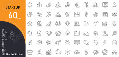 Startup related icon collections. Containing idea, rocket, launch, innovation, plan, growth, pitch, funding, goal, strategy icons. Editable Stroke.