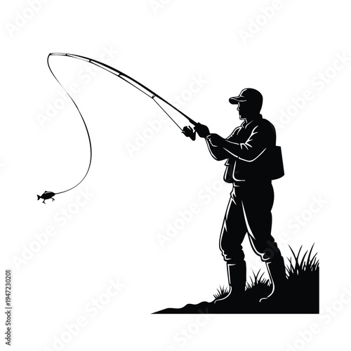 Fisherman silhouette casting fishing rod by river bank on white background