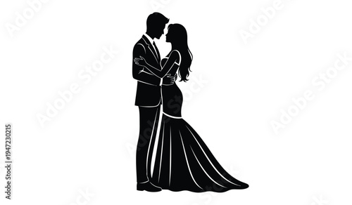 A romantic silhouette of a bride and groom standing close together in an intimate wedding embrace