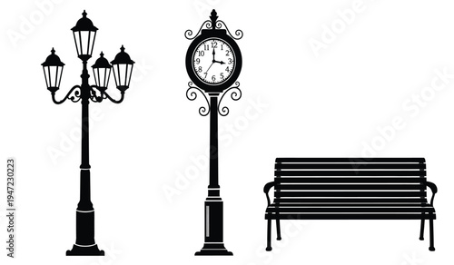 A black silhouette illustration featuring a ornate street lamp a vintage clock and a wooden bench