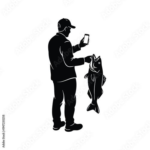 Fisherman silhouette holding caught fish and smartphone in hand illustration