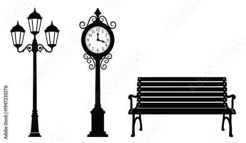 Black silhouettes of a vintage street lamp, a classic ornate garden clock and a wooden park bench