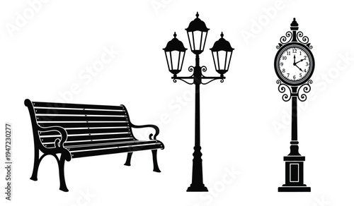 A collection of vintage city park furniture including a wooden bench a street lamp and a clock