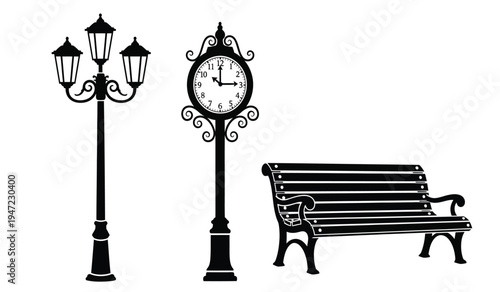 A black silhouette illustration featuring a vintage street lamp, a classic clock, and a park bench