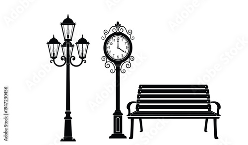 Black silhouette illustration of a vintage street lamp a public park clock and a wooden bench