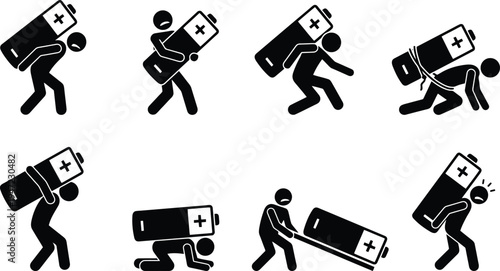 Set of 8 black stick figure icons showing people carrying and struggling with a large battery vector
