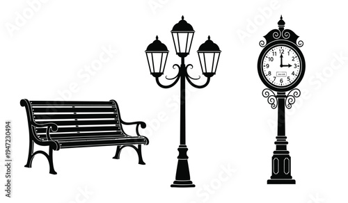 A collection of vintage street furniture featuring a classic wooden bench a lamp post and a clock