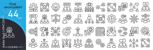 Team management related icon collections. Containing teamwork, leader, collaboration, meeting, communication, task, project, group, planning, support icons.  Outline icons.